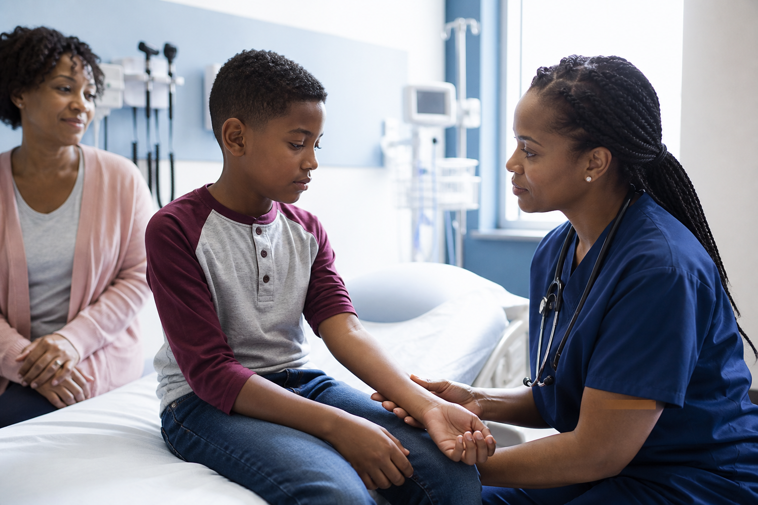 A Black child receiving attentive care from a healthcare professional